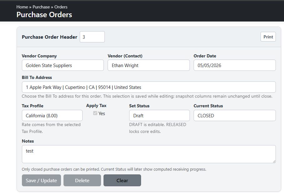 Purchase Order Screen