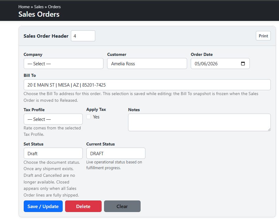 Sales Order Screen