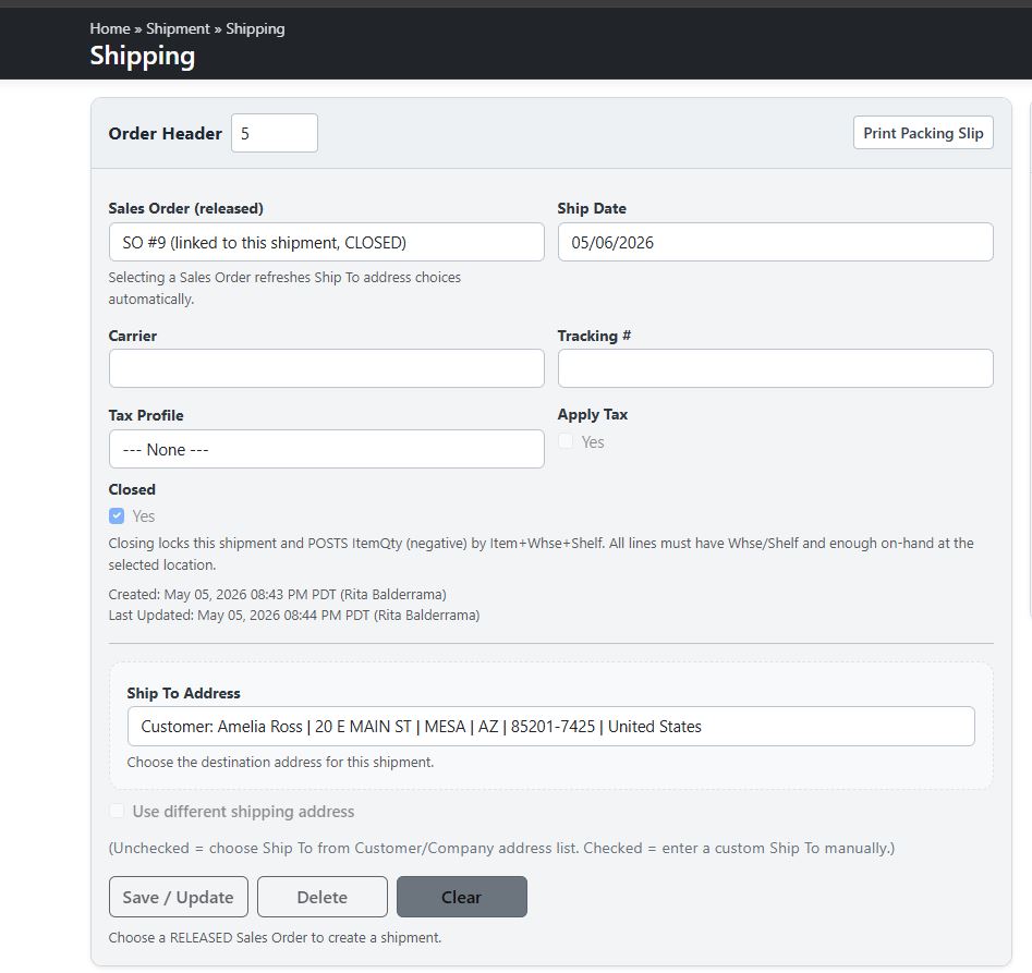 Shipping Screen